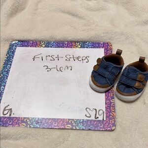 First Steps Navy and Brown Baby Walker Shoes with Hook-and-Loop Straps